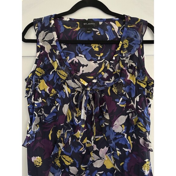 ST. JOHN Blue Floral Silk Blend Ruffle Front Sleeveless Top Blouse Sz S - Picture 2 of 3